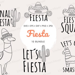 Könnte beinhalten: Ein Set mit 10 Schwarzweiß-Digitalillustrationen mit einem Lama, Kaktus, Sombrero und einer Piñata mit dem Text "Final Fiesta", "Fiesta", "Fiesta Squad", "Let's Get Fiesta" und "Let's Get Smashed".