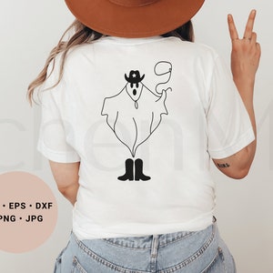 May include: A white t-shirt with a black line drawing of a ghost wearing a cowboy hat and boots. The ghost is holding a lasso. The text "SVG - EPS - DXF - PNG - JPG" is on the bottom left of the image.