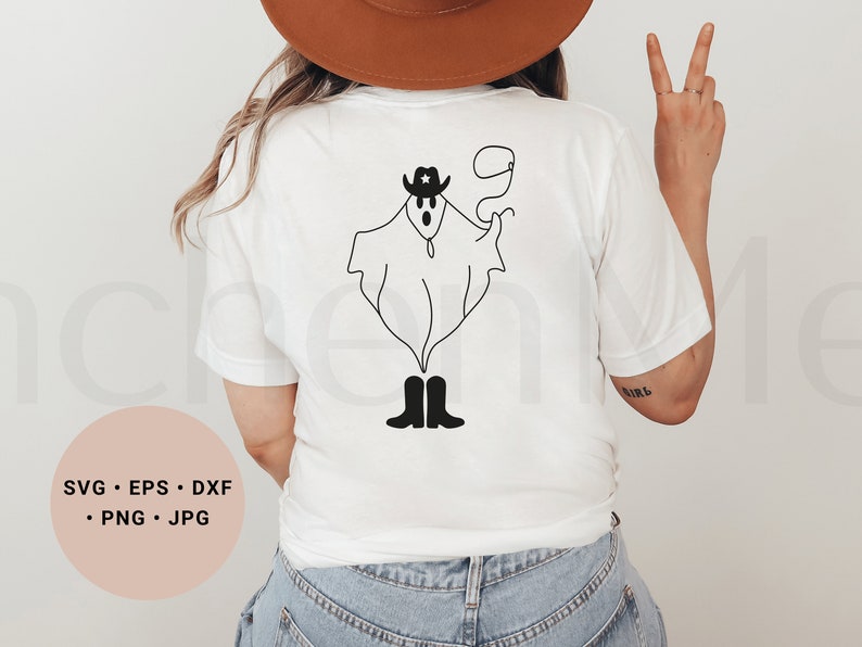 May include: A white t-shirt with a black line drawing of a ghost wearing a cowboy hat and boots. The ghost is holding a lasso. The text "SVG - EPS - DXF - PNG - JPG" is on the bottom left of the image.