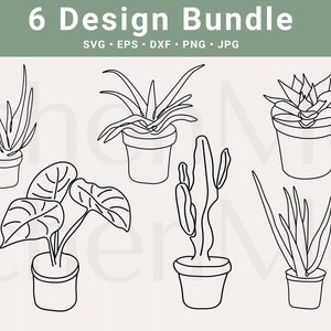 May include: A set of six black and white line drawings of potted plants. The plants include a cactus, aloe vera, and a succulent.
