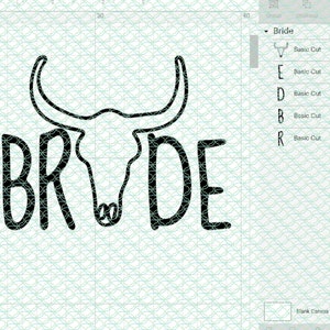 May include: A black and white graphic design of a cow skull with the word "BRIDE" written underneath. The design is on a white background with a grid pattern.