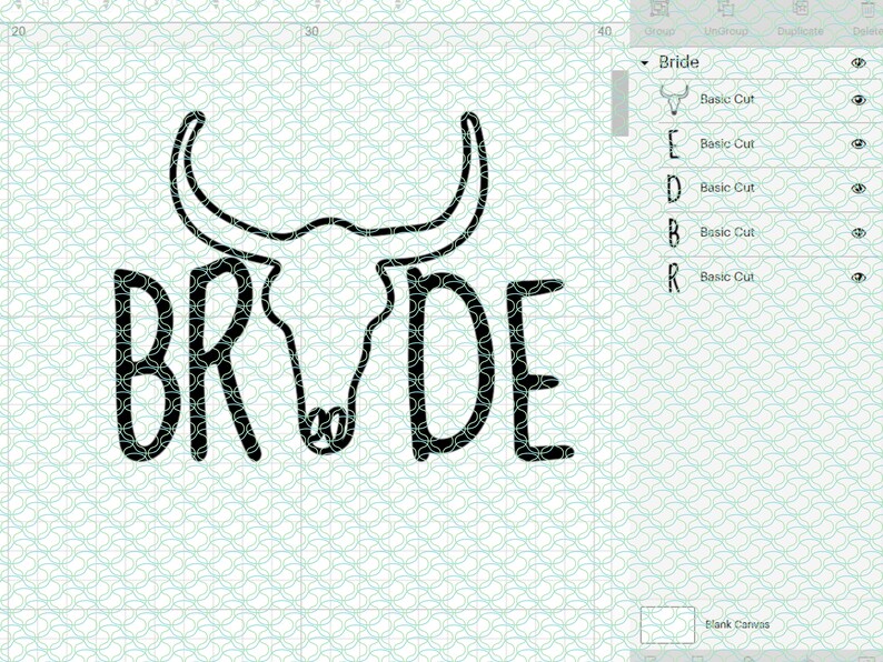 May include: A black and white graphic design of a cow skull with the word "BRIDE" written underneath. The design is on a white background with a grid pattern.