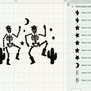 May include: Two black skeleton cowboys dancing with their arms raised, wearing cowboy hats and boots. They are standing on either side of a cactus and a crescent moon. There are five stars in the background.