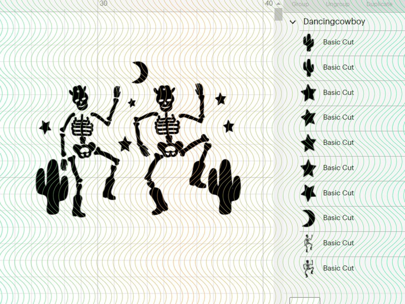 May include: Two black skeleton cowboys dancing with their arms raised, wearing cowboy hats and boots. They are standing on either side of a cactus and a crescent moon. There are five stars in the background.