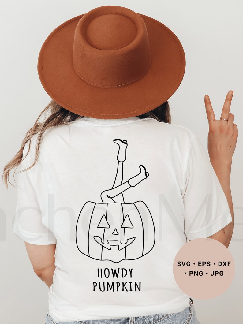 May include: White t-shirt with a black line drawing of a pumpkin with legs sticking out of the top. The text "Howdy Pumpkin" is below the pumpkin.
