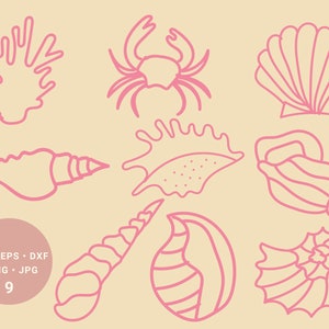 Könnte beinhalten: Ein Satz von neun rosafarbenen Strichzeichnungen von Muscheln und einem Krebs. Die Zeichnungen befinden sich auf einem hellbeigen Hintergrund. Der Text "SVG - EPS - DXF - PNG - JPG 9" befindet sich in der linken unteren Ecke.