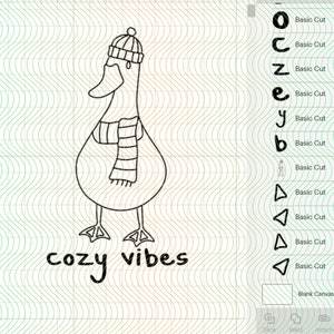 K&ouml;nnte beinhalten: Eine Schwarzwei&szlig;-Zeichnung eines Entchens mit Hut und Schal mit dem Text "cozy vibes" darunter.