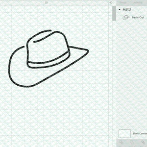 May include: A black and white line drawing of a cowboy hat. The hat is tilted to the side and has a wide brim.