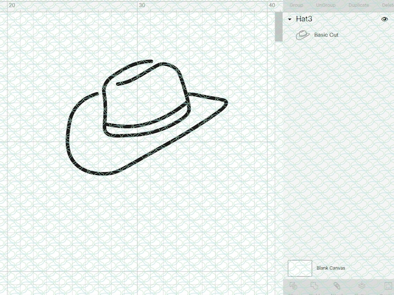 May include: A black and white line drawing of a cowboy hat. The hat is tilted to the side and has a wide brim.