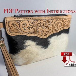 PDF pattern for Cowhide wristlet purse / Leather craft template with tooling design