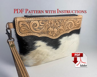 PDF pattern for Cowhide wristlet purse / Leather craft template with tooling design