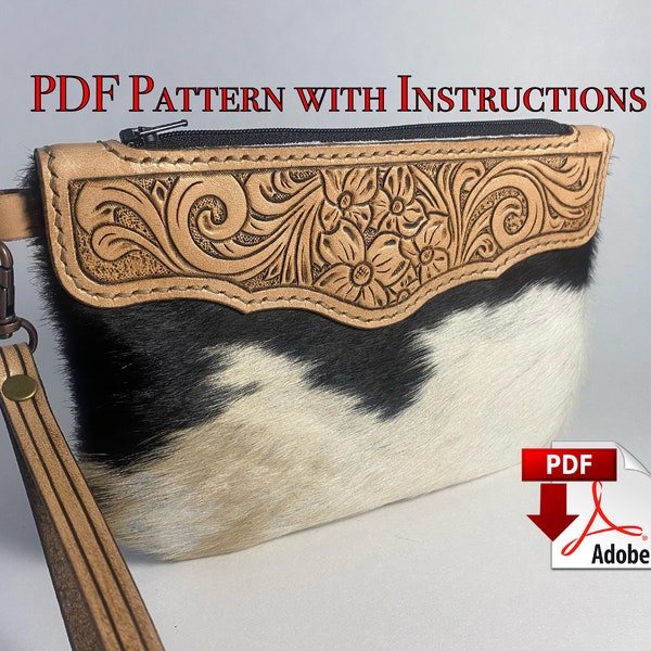 PDF pattern for Cowhide wristlet purse / Leather craft template with tooling design