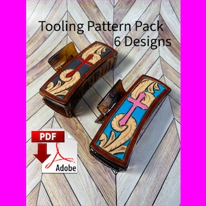 May include: A pack of 6 leather tooling patterns for hair clips. The patterns feature a cross design with floral accents. The patterns are available as a PDF download.