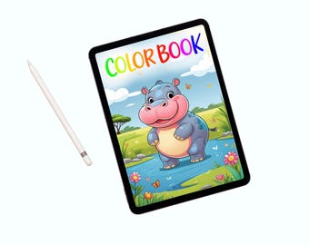 May include: A digital tablet displaying a colorful children's coloring book with a hippo illustration. The tablet is black with the words "COLOR BOOK" in rainbow colors. A white stylus pen rests beside the tablet.