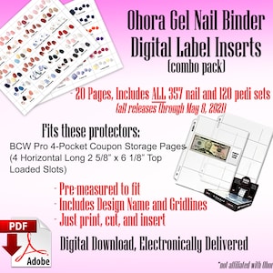 Puede incluir: Etiquetas digitales imprimibles para Ohora Gel Nail Binder. Incluye 357 juegos de uñas y 120 juegos de pedicura. Se adapta a las páginas de almacenamiento de cupones BCW Pro 4-Pocket (4 horizontales largas 2 5/8" x 6 1/8" Top Loaded Slots).