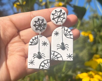 Spiders and Webs Clay Earrings|Halloween Earrings|Spider Earrings|Spider Jewelry|Black and White Jewelry|Halloween Jewelry