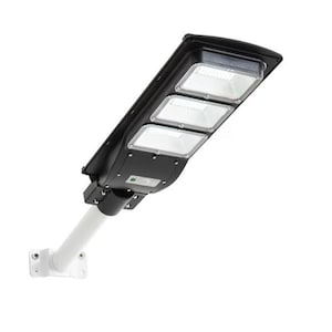 May include: A black solar powered street light with four LED lights. The light is mounted on a white pole with a bracket for wall mounting.