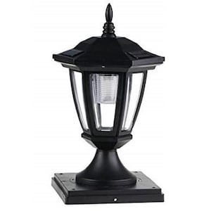May include: Black outdoor solar-powered lamp with a classic design. The lamp features a square base, a pedestal, and a multi-faceted top with clear glass panels. A decorative finial tops the lamp.