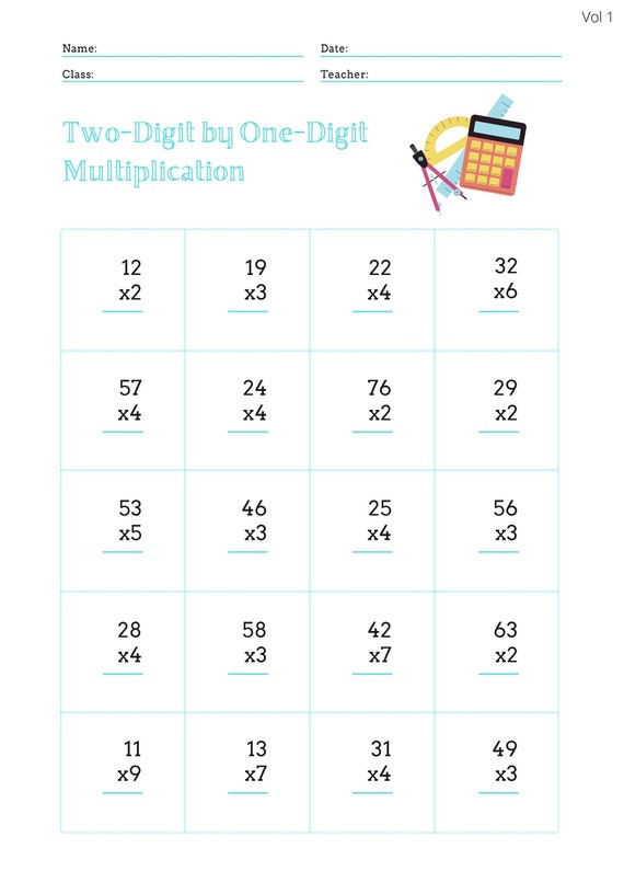 downloadable two digit by one digit multiplication worksheets etsy