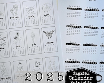 2025 Printable Calendar, Monday - Sunday, minimal & illustrated 2025 Calendar, Planner, Year at a glance Digital DOWNLOAD