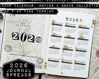2026 Journal Spreads Printable, Monday-Sunday Layout, Yearly Overview, Habit Tracker, Moon Calendar, Journal Spreads Digital DOWNLOAD