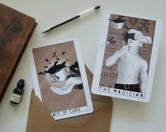 Coffee Tarot Art Postcard Print, Art Print, Magician Tarot Card, Ace of Cups Tarot Card, 2 Postcard Set, Coffee Art Print