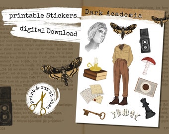 Printable Dark Academia Stickers, Planner Stickers, Printable Sticker Set, Digital Download, Printable Stationery