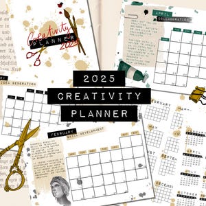 Puede incluir: Un planificador de creatividad 2025 con páginas de calendario, salpicaduras de pintura y elementos artísticos. Incluye tijeras, pinceles y el texto "Creativity Planner 2025".