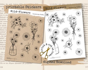 Printable Wild Flowers Stickers, Planner Stickers, Calendar, Printable Sticker Set, Digital Download, Printable Stationery Cottagecore