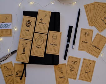 2026 Calendar Sticker Set (12 Month) line Illustration Planner Stickers, Bujo Stickers, Calendar Stickers Mo-Su or Su-Sa