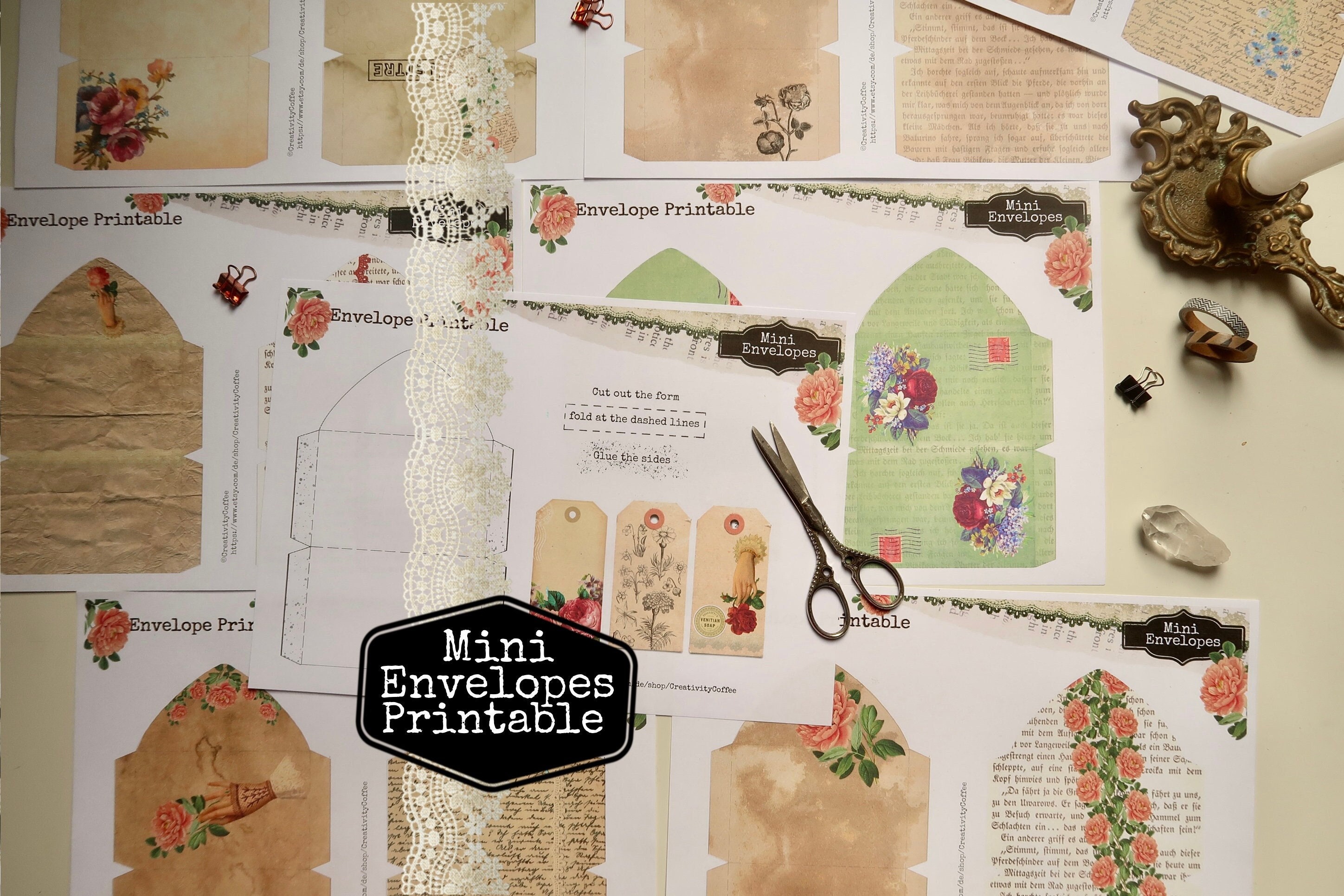 Mini Envelopes Printable, Light Academia Vintage Flowers inspired DIY mini Envelopes for Junk Journaling, Journal Accessoires, Vintage Printable