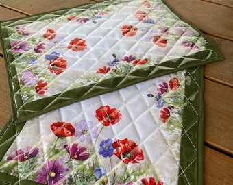 Quilted placemats Set 2 Wild flowers table mats Modern Patchwork Waterproof fabric placemats 18"x13.5" Poppies table topper