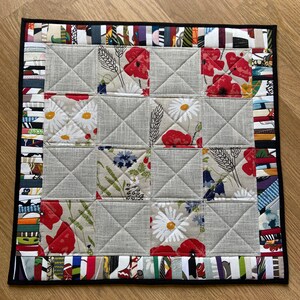 Quilted table topper Modern Meadow poppies Table top 20&quot;x20&quot; Patchwork square