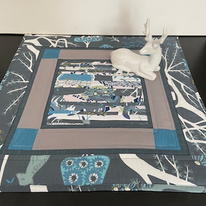 Quilted table topper Modern Grey Turquoise Table top 20.5"x20.5" Patchwork square