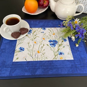 Quilted table mats Set 4 White blue quilted placemats Wild flowers Quilted Patchwork Table Mats Dinner Kitchen Textile Placemats Cornflower