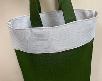 Green Linen Christmas Gift Bag, Reusable Fabric Wrap