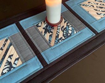 Quilted table runner Blue black 42.5"x13.5" Patchwork centre piece