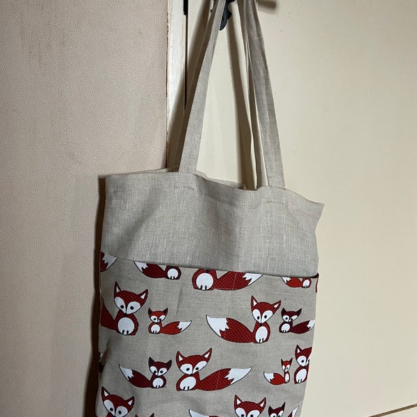 Tote Bag Fox Pattern Linen Tote Bag With Pockets Market Bag