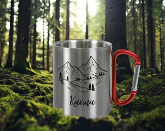 Personalisierte Outdoor Edelstahl Tasse mit Karabiner zum Wandern, Bergsteigen und Campen mit Berg Motiv