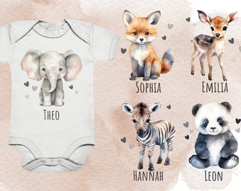 Personalisierter Baby Body / Strampler mit Namen und Tierkinder Aquarell, Geschenk zur Geburt