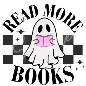 Op de afbeelding: Een zwart-wit geblokte achtergrond met een geest die een roze boek leest. De tekst "READ MORE BOOKS" staat in het zwart rond de geest.
