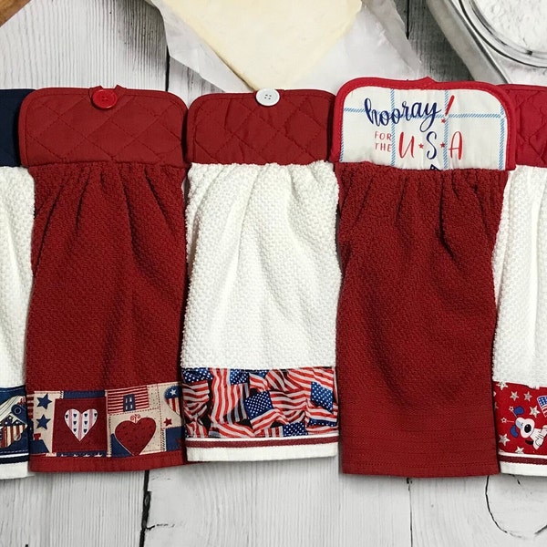 American Flag, Stars & Stripes and Hearts Heavy Decorative Kitchen Towels with Holders