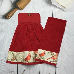 Red Cardinal Kitchen Towel with Pinecones & Holder