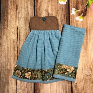 Teal, Brown, Beige Floral Hanging Kitchen Towels With Holders, Potholder Tops & Button Closure