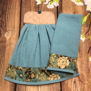 Teal, Brown, Beige Floral Hanging Kitchen Towels With Holders, Potholder Tops & Button Closure