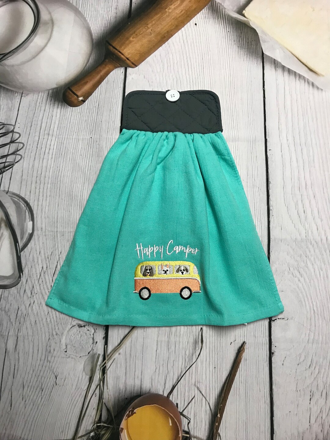 Teal & Black Camping Kitchen Towels With Holders, Camping Dish Towels