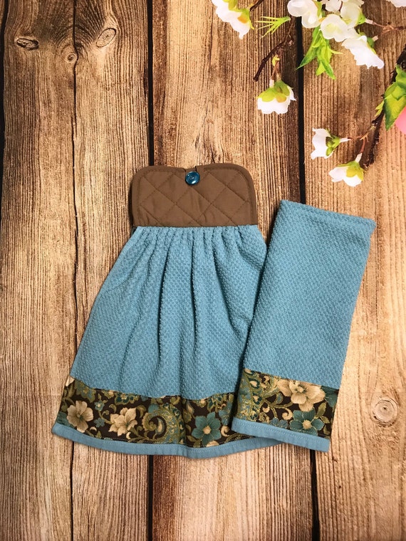 Teal, Brown, Beige Floral Hanging Kitchen Towels, Teal Hand Towels