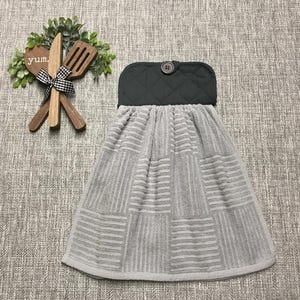 Heavy Gray Kitchen Towel with Hanger: Solid Cotton Dish Towel