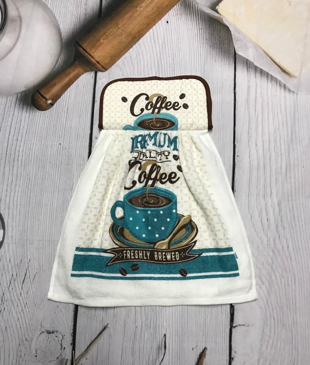 Teal & Brown Coffee Kitchen Towels With Holders Etsy