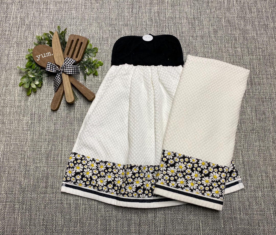 Black & White Daisies Kitchen Towels, Black and White Floral Tea Towels ...